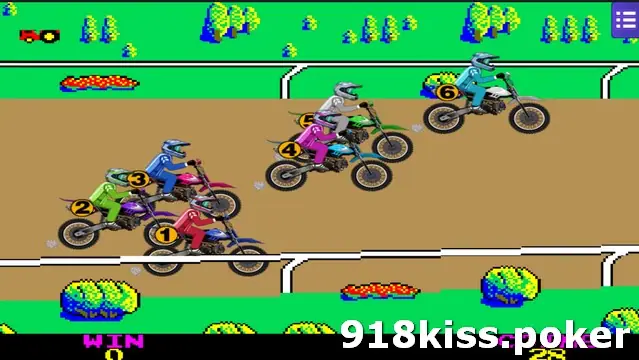 Six numbered motocross riders racing on a pixel-art dirt track, with the WIN counter at 0 at the bottom