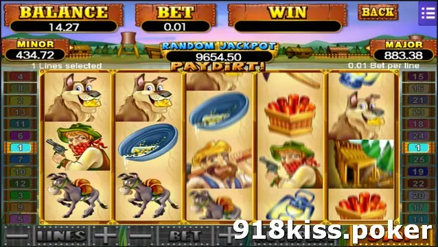 Pay Dirt reels with two grinning dogs, a bandit, a mule and a prospector, and the Random Jackpot box at 9654.50