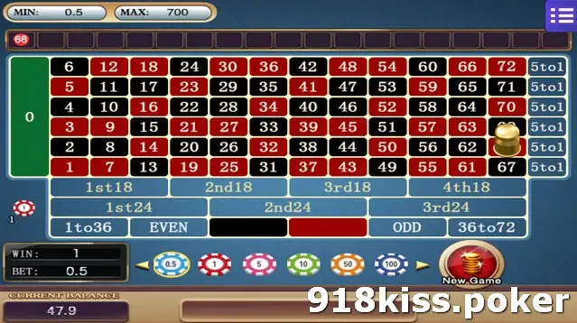 Roulette 73 board after a round with a gold marker on 68, the result 68 at the start of the history strip and WIN 1, BET 0.5