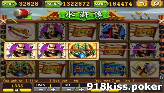Water Margin reels with a red line through three symbols on the middle row and the message You won on 1 line, You won 7 on line 1
