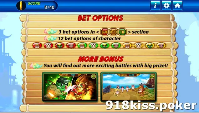 Crazy Monkey help screen listing 3 bet options in the Bank, Player, Tie section, 12 bet options of character, and a More Bonus section with two battle scenes