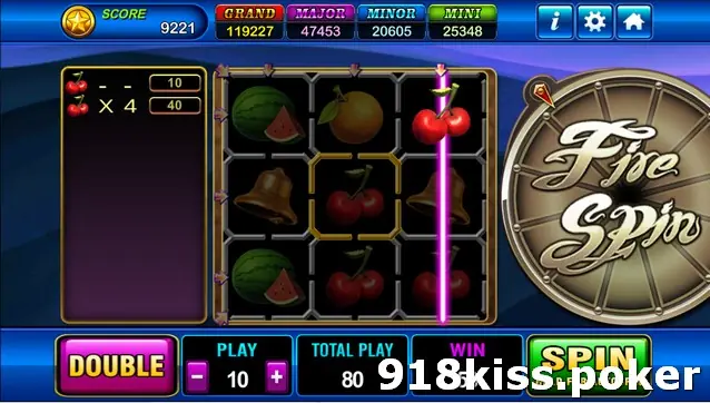 Fire Spin grid with a cherry line win shown by a purple vertical line and the DOUBLE button lit