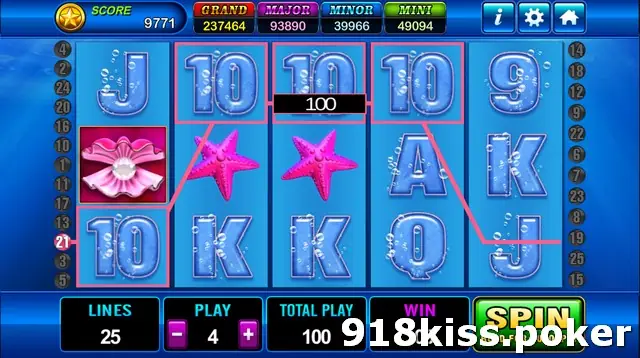 Grand Blue with a pink line joining four 10 symbols across the reels and a 100 win label, plus a pearl scatter on reel one