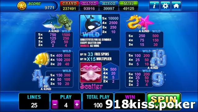 Grand Blue paytable with the orca wild paying 10000 for five, a pearl-shell scatter with up to 33 free spins and up to x15, and pays for sharks, turtles, seahorses, fish and card symbols