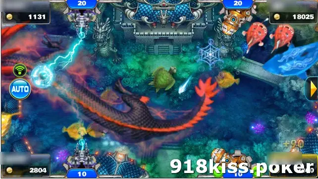 Ocean King 2 EX fish table on Play8oy with a black and red dragon firing lightning, a turtle, puffer fish and a spider-web net, with four cannon seats at bet level 20