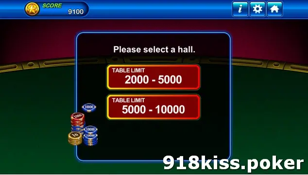 Show Hand hall selection on Play8oy with two options, Table Limit 2000-5000 and Table Limit 5000-10000, over a green card table with a stack of chips