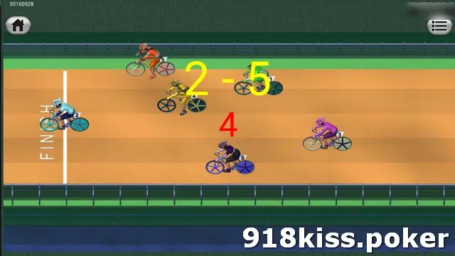 Top-down view of six numbered cyclists on an orange track near the finish line, with the result 2 - 5 shown in yellow and 4 in red