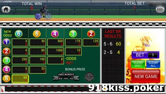Bicycle Race betting board with a grid of pair odds, a Last 5R Results column and Bet, Clear Spot, Clear All and New Game buttons