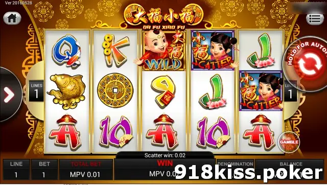 Da Fu Xiao Fu reels with a boy Wild symbol on reel 3, two girl Scatter symbols on reels 4 and 5, and a Gamble button bottom right