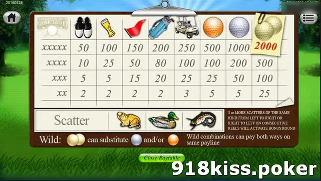 Golden Tour paytable listing payouts for shoes, beer, flag, golf bag, buggy, orange ball, white ball and gold balls, with the scatter and wild rules below