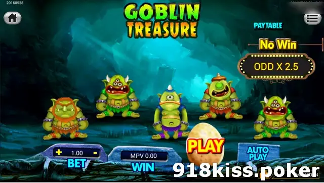 Five green goblins standing in a blue cave, a No Win sign and an ODD X 2.5 panel on the right, and an egg-shaped Play button