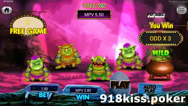 Goblin Treasure in a pink cave with four goblins, a You Win sign, ODD X 3, a bubbling Wild cauldron and a 2 Free Game sign