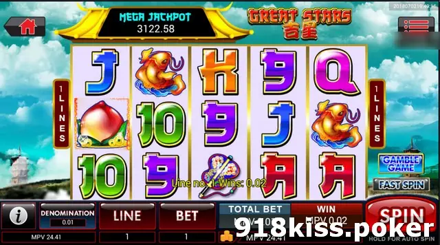 Great Stars one-line spin with a Mega Jackpot box, koi and peach symbols, and the message Line no. 1 Wins 0.02