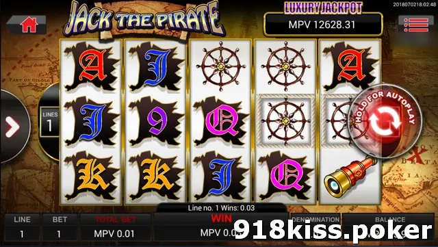 Jack The Pirate one-line spin with ship's wheels across reels 3 to 5 and the message Line no. 1 Wins 0.03