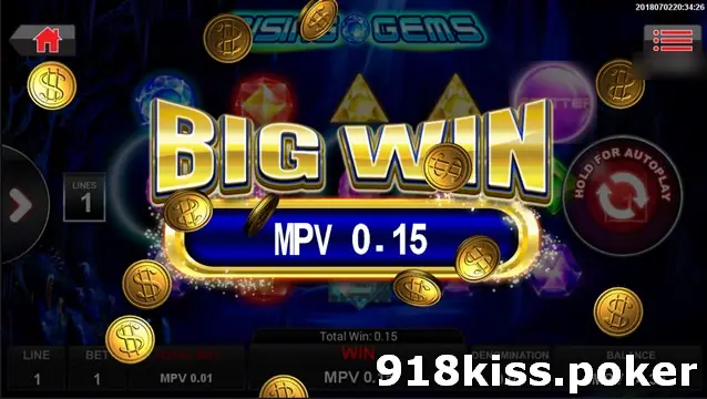 Rising Gems Big Win banner with falling gold coins, showing MPV 0.15 at one line and a 0.01 total bet