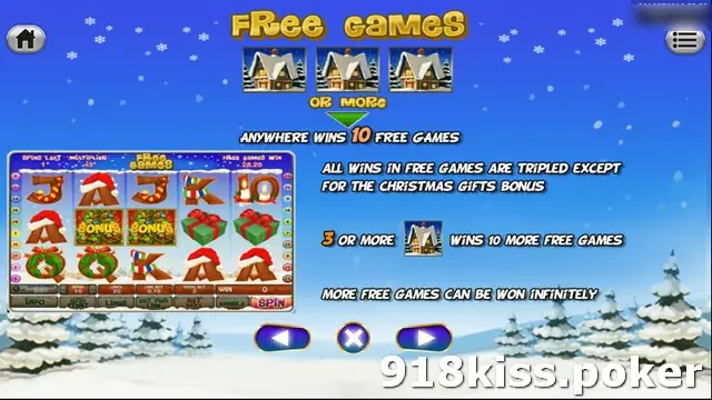 Santa Surprise Free Games help screen: three or more snowy houses anywhere win 10 free games, with all wins tripled except the Christmas Gifts bonus