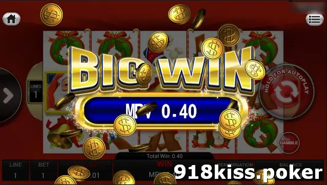 Santa Surprise Big Win banner with falling gold coins showing MPV 0.40, with a Gamble button in the corner