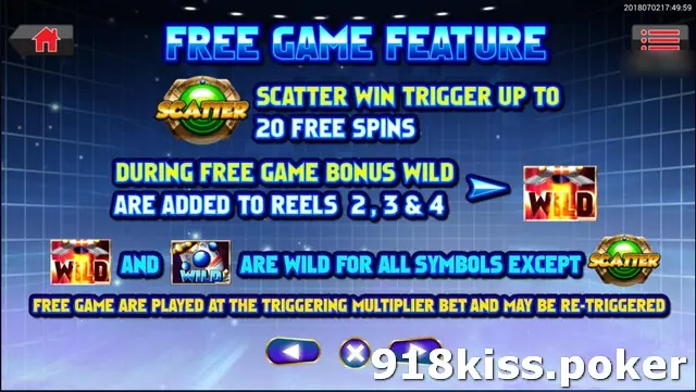 Space Monkey Free Game Feature help screen: scatter win triggers up to 20 free spins, bonus wilds added to reels 2, 3 and 4