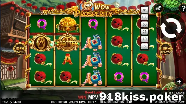 Wow Prosperity reels with a gold paw coin and a Scatter symbol on reel 2, rows of red lanterns and an autoplay list from unlimited to 5