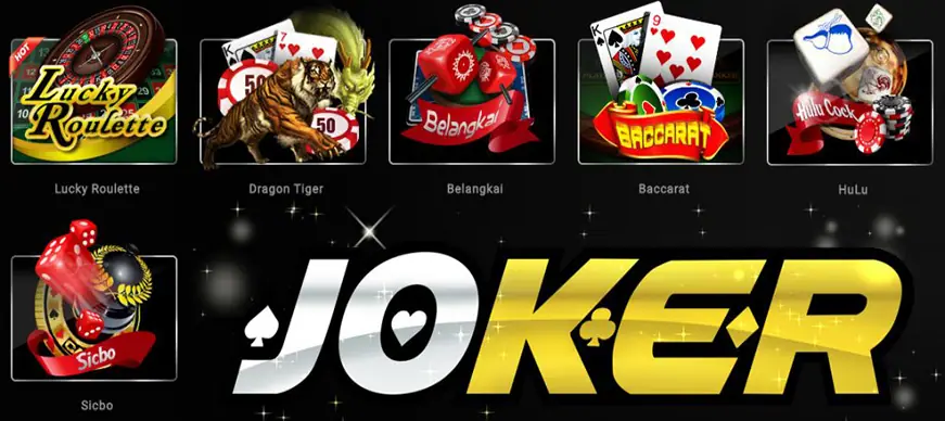Joker123 game tiles for Lucky Roulette, Dragon Tiger, Belangkai, Baccarat, HuLu and Sicbo above a large silver and gold JOKER logo